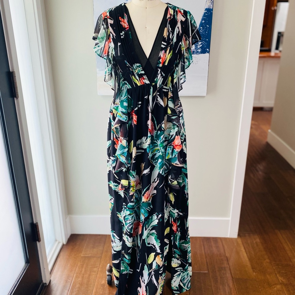 Black Tropical Print Adelyn Rae Maxi Dress